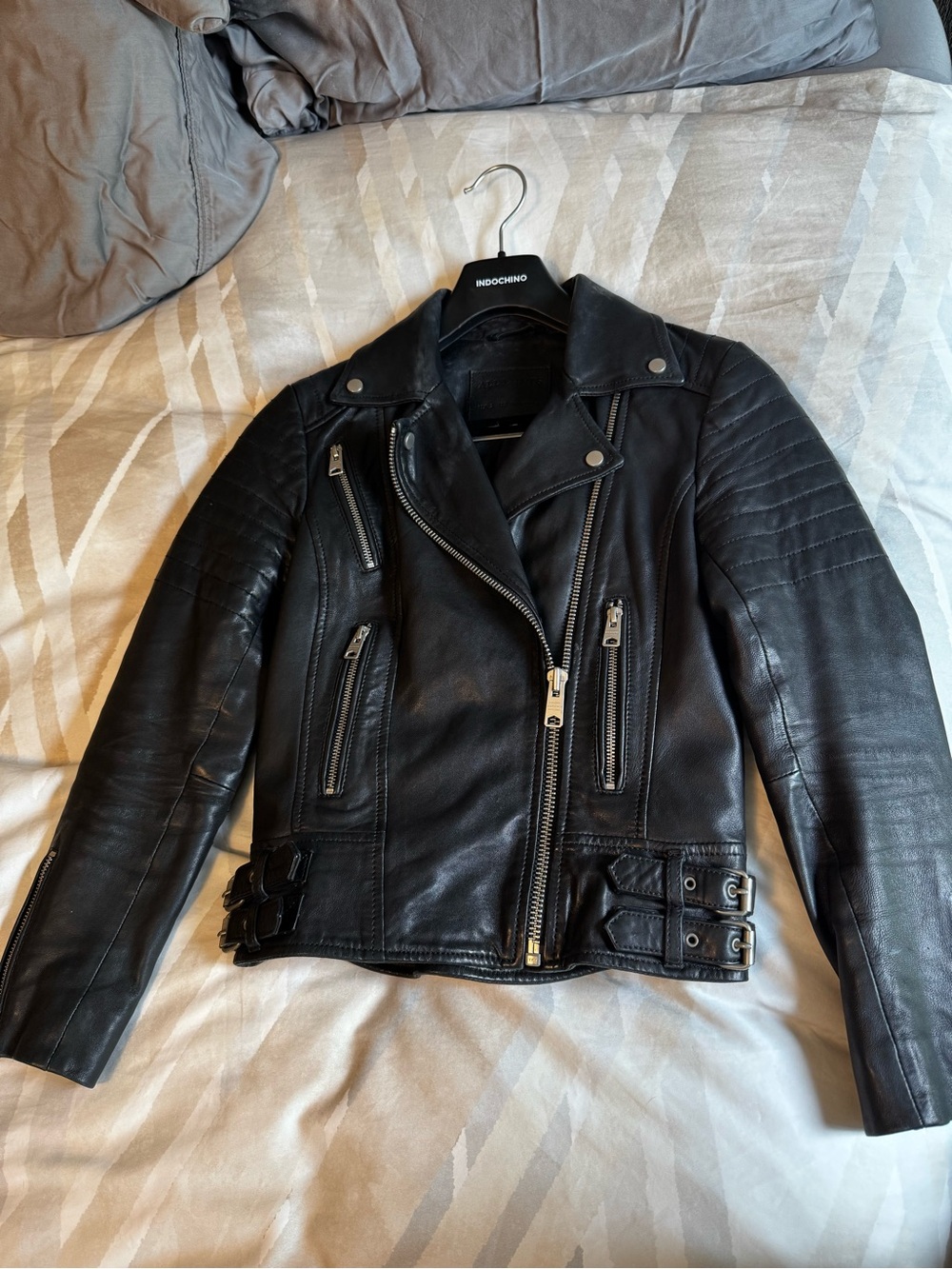 All Saints Black Leather Biker Jacket with Quilted Shoulders and elbows